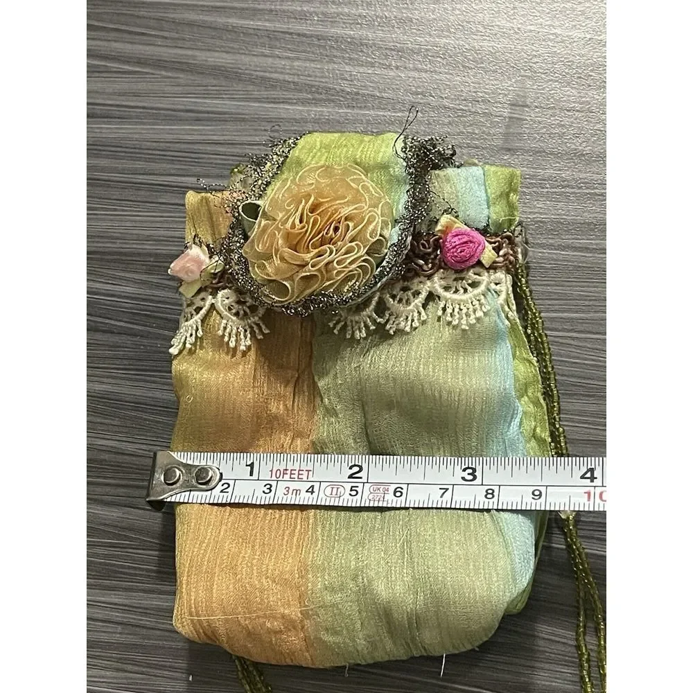 VINTAGE Handmade SILK Small POUCH purse CASE phone GLASSES flowers BEADS OOAK 5